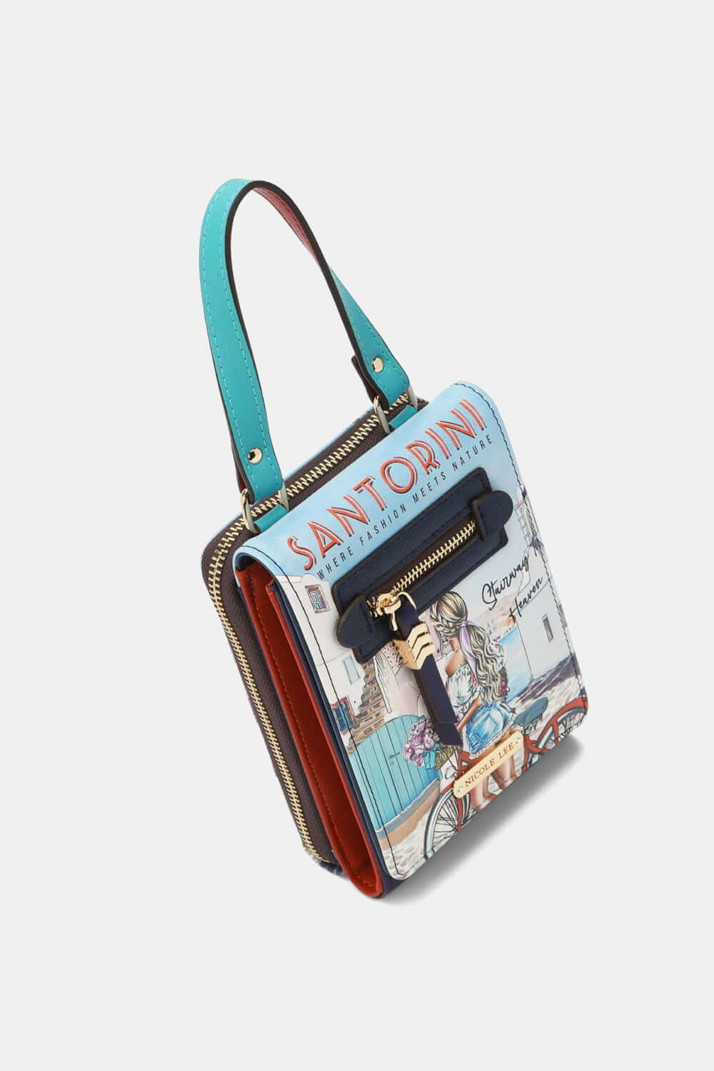 Nicole Lee USA small crossbody wallet with Santorini print, turquoise adjustable strap, and multiple compartments.