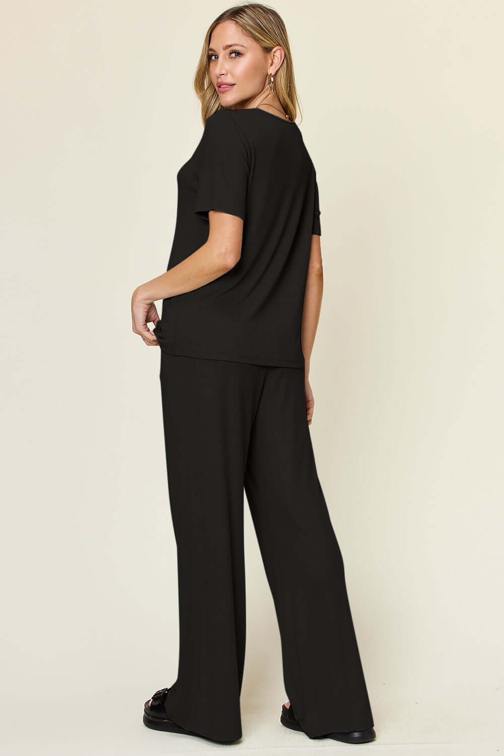 DOUBLE TAKE Full Size Round Neck Short Sleeve T-Shirt and Wide Leg Pants Set at Bella Road