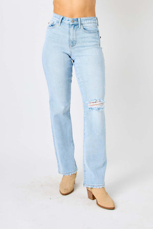 High Waist Distressed Straight Jeans by Judy Blue Jeans, full size, light blue denim, flattering cut, ripped knee, trendy and comfortable design.