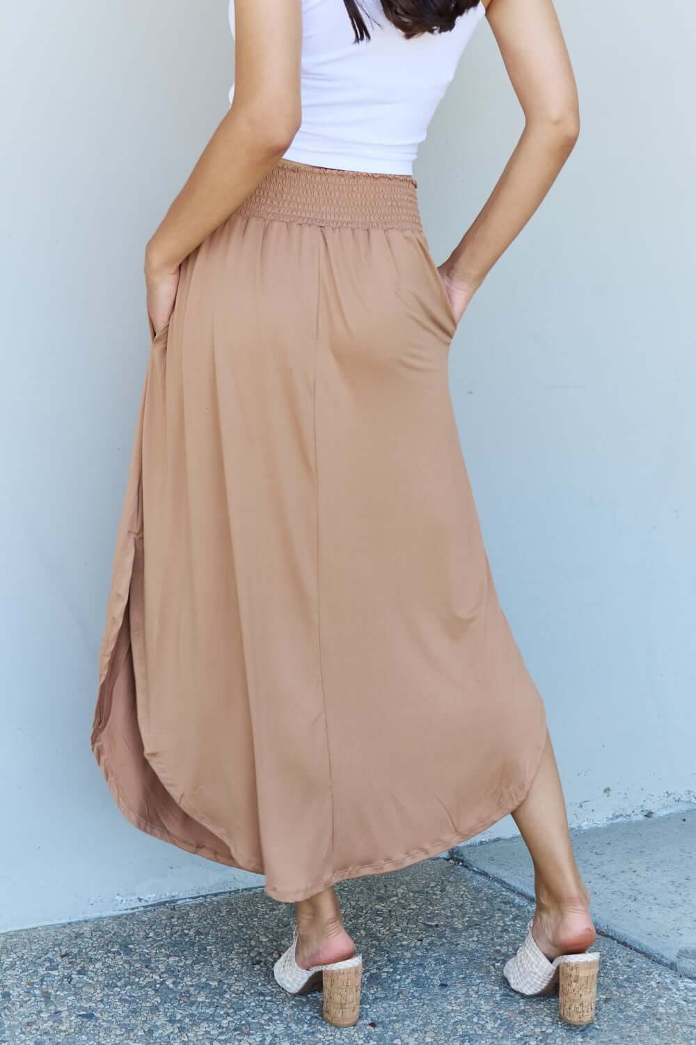 DOUBLJU Comfort Princess Full Size High Waist Scoop Hem Maxi Skirt in Tan at Bella Road