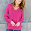 V-Neck Lantern Sleeve Top - Hot Pink