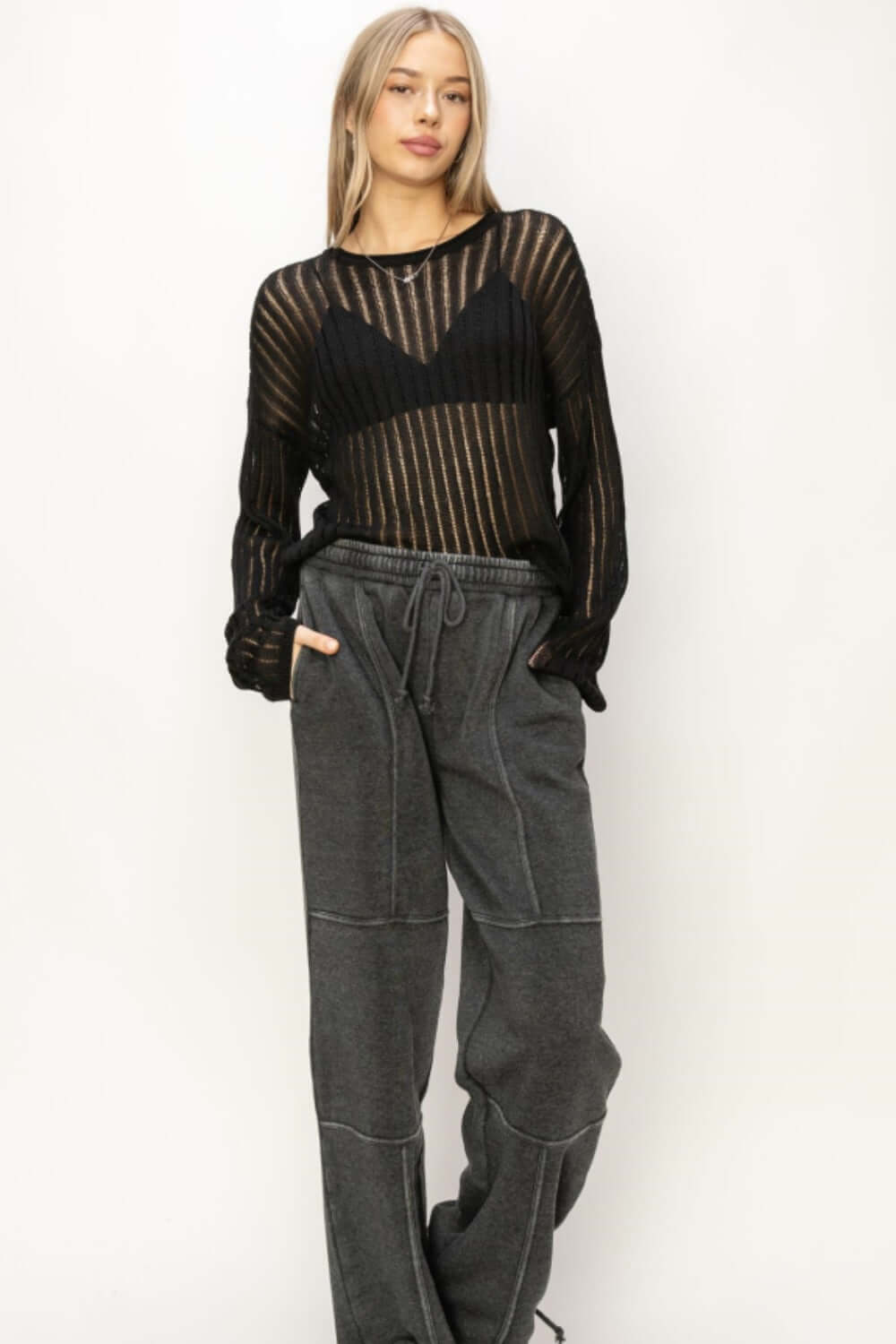 HYFVE Openwork Ribbed Long Sleeve Knit Top at Bella Road