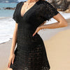 Openwork Plunge Short Sleeve Cover-Up Dress - Black