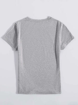 Gray graphic round neck short sleeve t-shirt for men and women shown from the back. Basic style, slightly stretchy, 100% polyester.