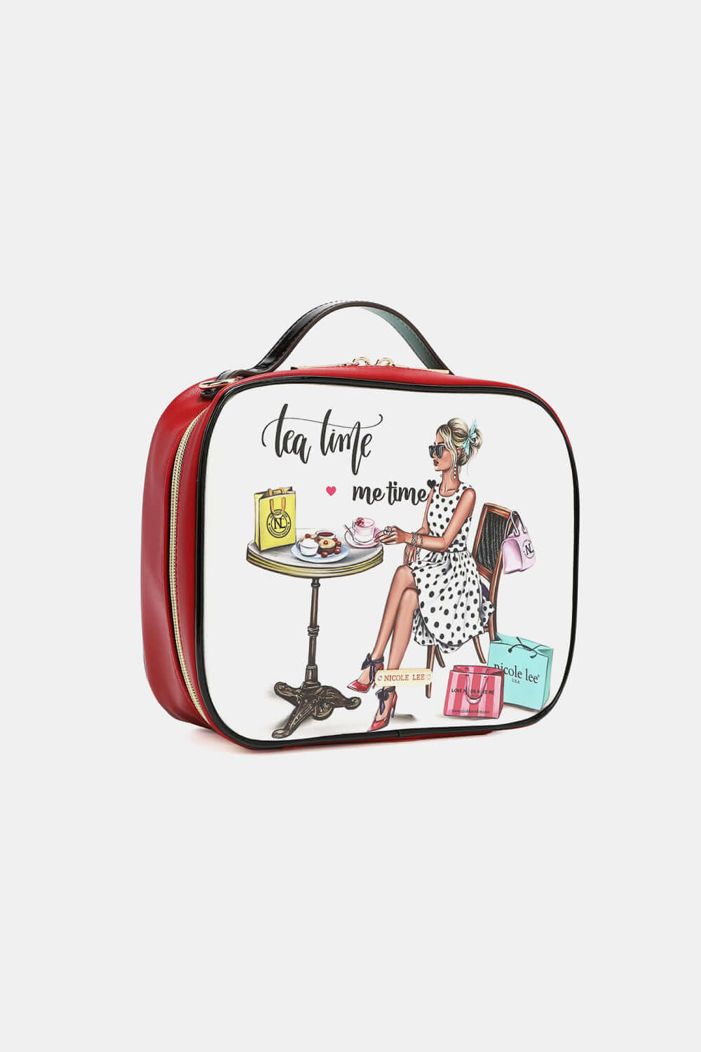 Nicole Lee USA printed handbag with art of woman enjoying tea, featuring pebbled and glossy patent leather, and three pouches for essentials.