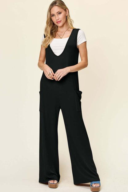 DOUBLE TAKE Full Size Sleeveless Wide Leg Jumpsuit with Pockets at Bella Road