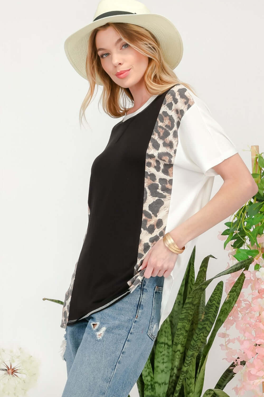 CELESTE Full Size Leopard Color Block T-Shirt at Bella Road