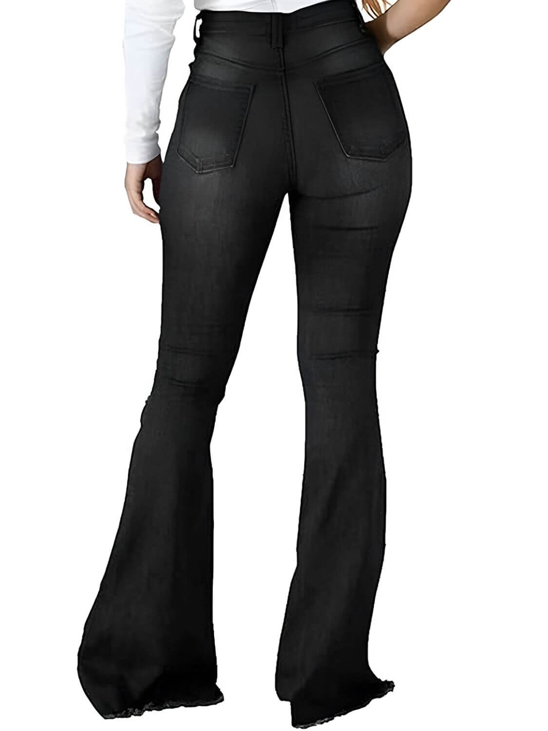 Back view of black raw hem flare jeans with pockets, showcasing moderate stretch material, buttoned design, and a stylish fit for various sizes