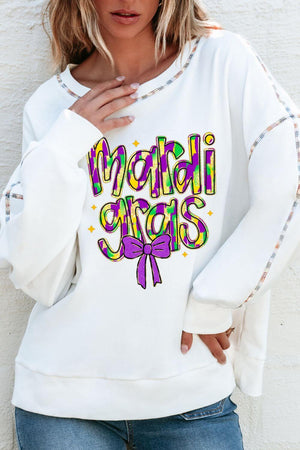 Bella Road MARDI GRAS sweatshirt featuring colorful lettering and a playful bow design, perfect for festive celebrations.