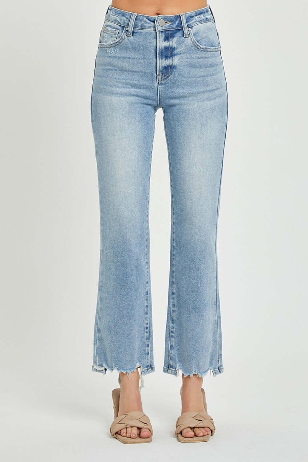 RISEN Full Size High Rise Straight Jeans with frayed hem, showcasing front view for a classic and versatile look, perfect for any outfit.