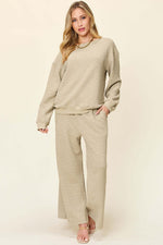 DOUBLE TAKE Full Size Texture Long Sleeve Top and Pants Set at Bella Road