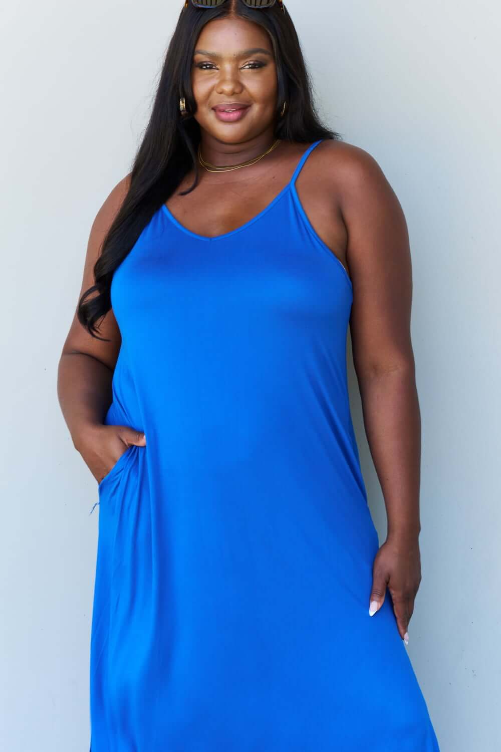 NINEXIS Good Energy Full Size Cami Side Slit Maxi Dress in Royal Blue at Bella Road