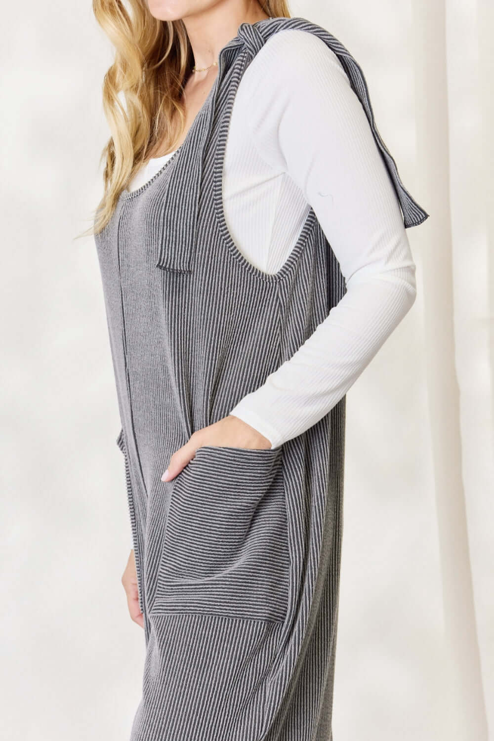 CELESTE Full Size Ribbed Tie Shoulder Sleeveless Ankle Overalls at Bella Road