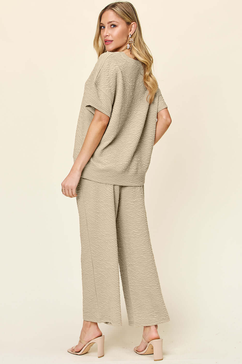 DOUBLE TAKE Full Size Texture Short Sleeve Top and Pants Set at Bella Road