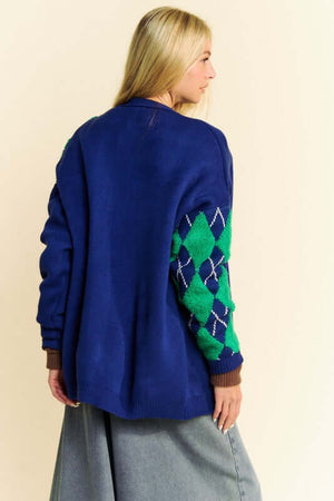 Stylish Davi & Dani Argyle V-Neck Cardigan featuring a blue base with green argyle pattern, perfect for layering.