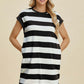 Woman wearing Basic Bae full-size striped round neck cap sleeve mini dress in black and white