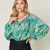 Printed Balloon Sleeve Blouse | Full Size - Mid Green