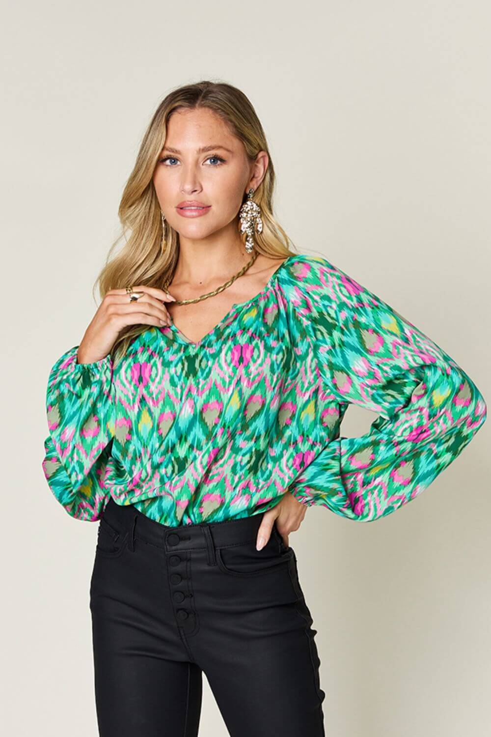 DOUBLE TAKE Full Size Printed Balloon Sleeve Blouse at Bella Road