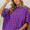 Plaid Button Up Dolman Sleeve Shirt - Navy/Pink