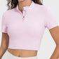 Millennia Quarter Zip Short Sleeve Active T-Shirt in light pink, perfect for workouts with a stylish and breathable design.