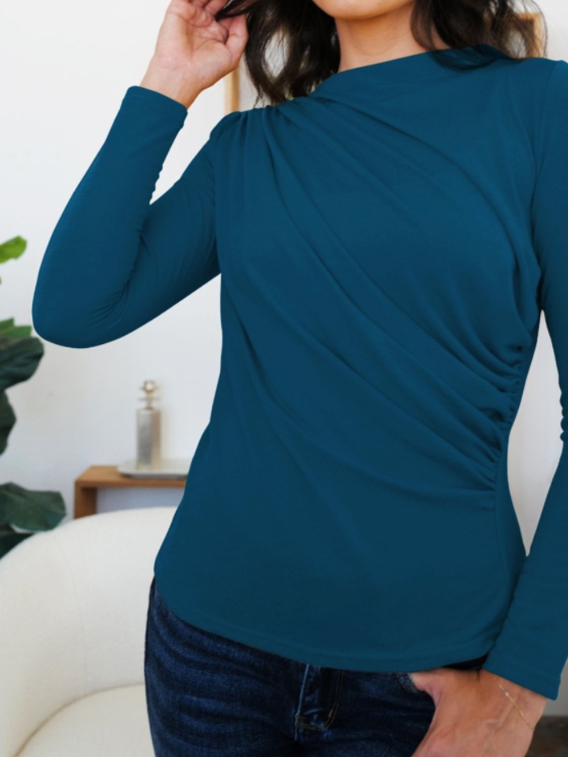 Woman wearing FAM-FAM Ruched Mock Neck Long Sleeve T-Shirt in French Blue, showcasing stylish layering for fall outfits.