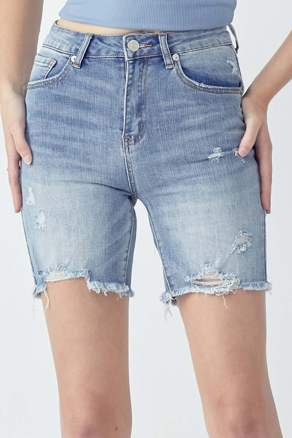 High Rise Distressed Denim Shorts with Raw Hem by Risen Jeans.