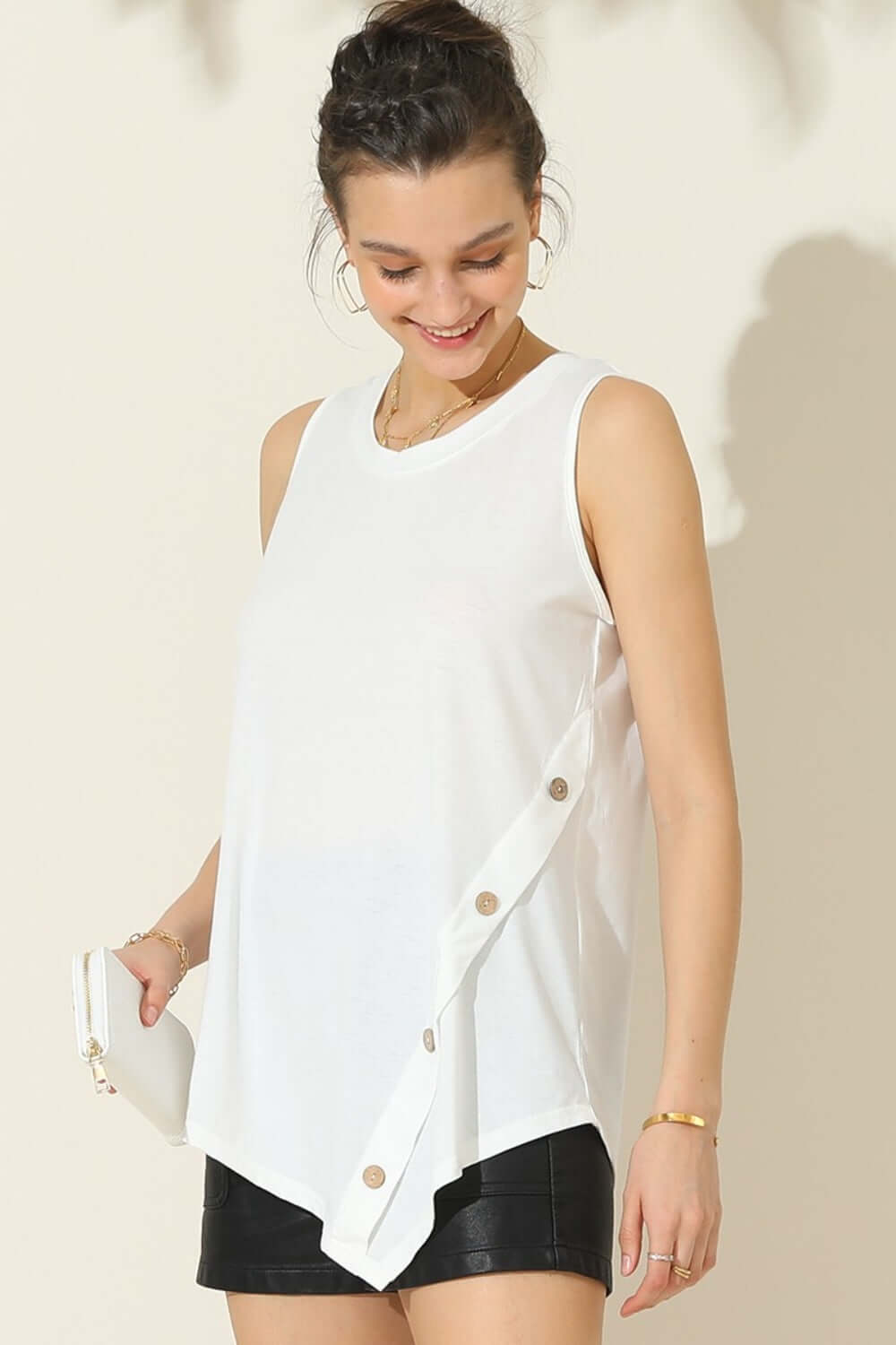 NINEXIS Round Neck Button Side Tank at Bella Road