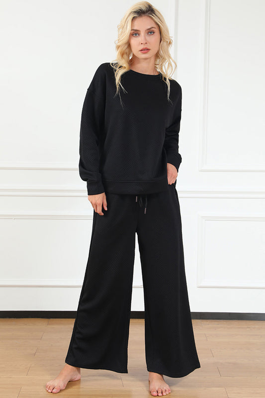 DOUBLE TAKE Full Size Textured Long Sleeve Top and Drawstring Pants Set at Bella Road