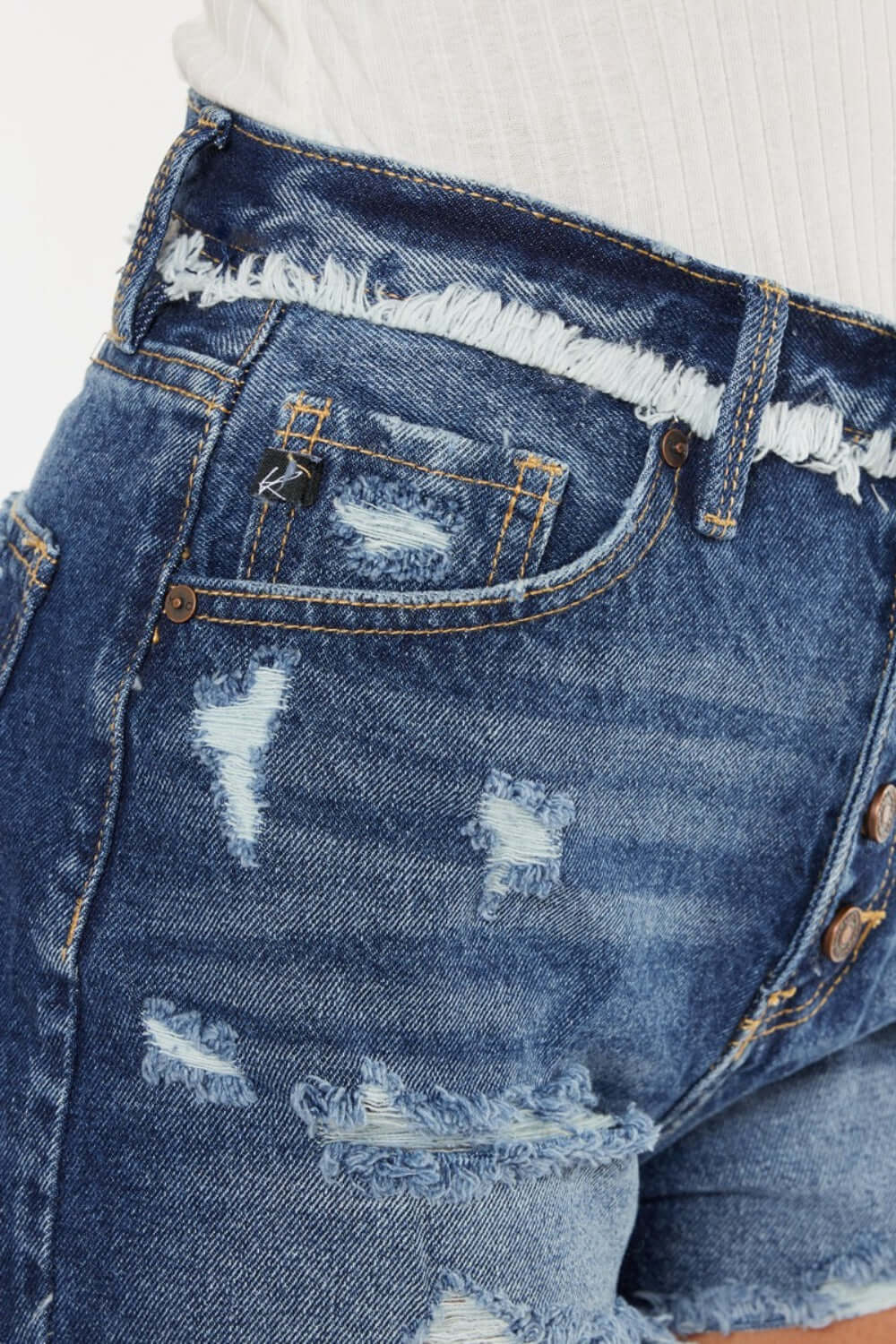 KANCAN Distressed Button Fly Denim Shorts at Bella Road