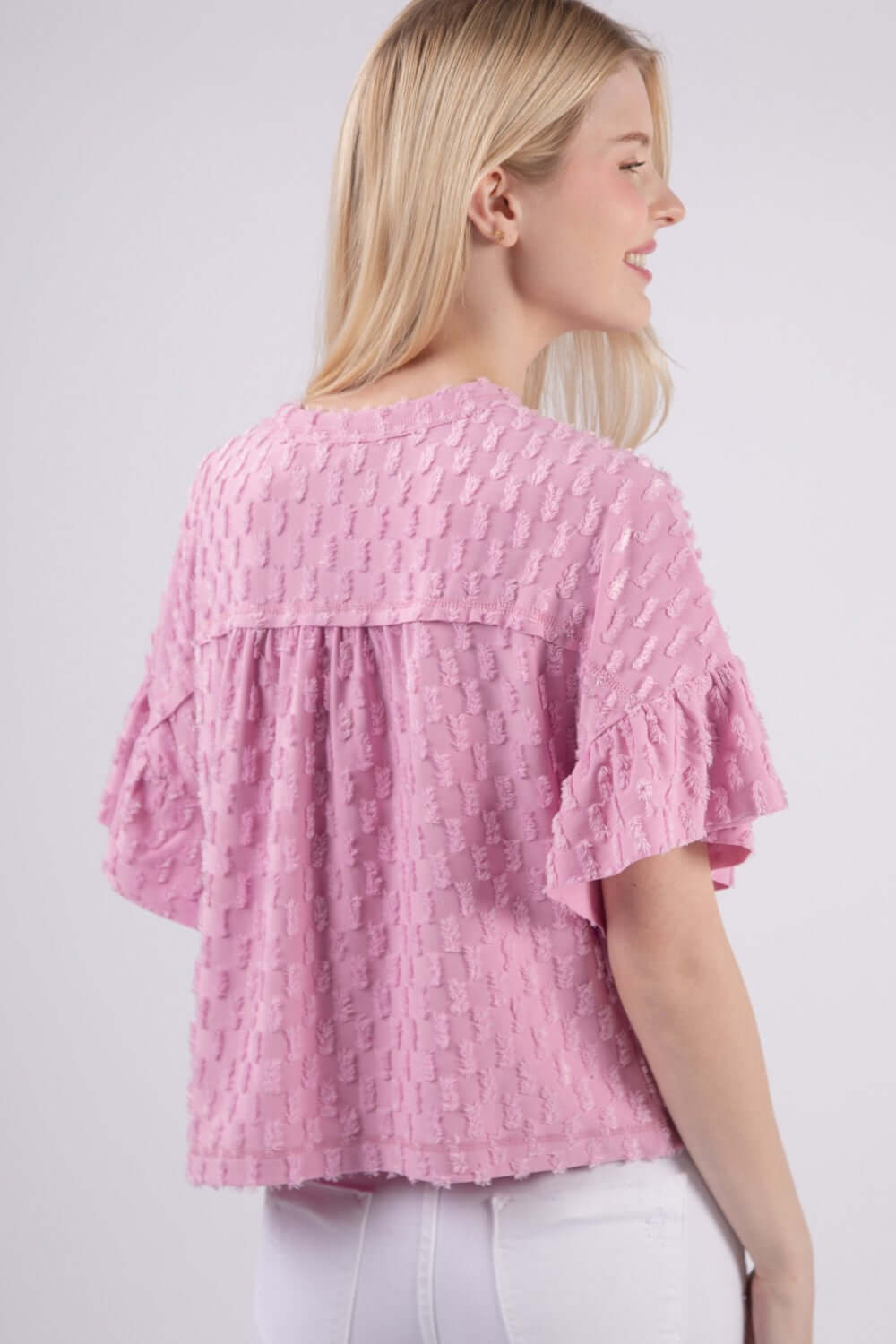 VERY J Full Size Texture Ruffle Short Sleeve Top at Bella Road