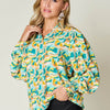 Printed Smocked Long Sleeve Blouse | Full Size - Teal