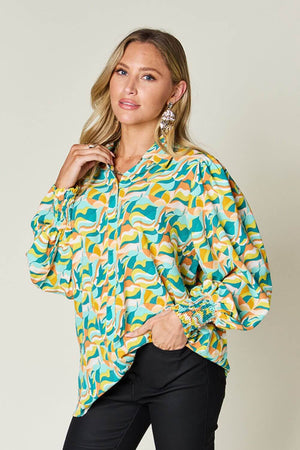 DOUBLE TAKE Full Size Printed Smocked Long Sleeve Blouse at Bella Road