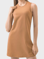 Millennia Round Neck Sleeveless Active Dress in warm tan, perfect for workouts and staying stylish.