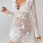 White Cutout Tied V-Neck Long Sleeve Cover Up with floral lace design, 100% acrylic, stretchy material, perfect for beachwear.