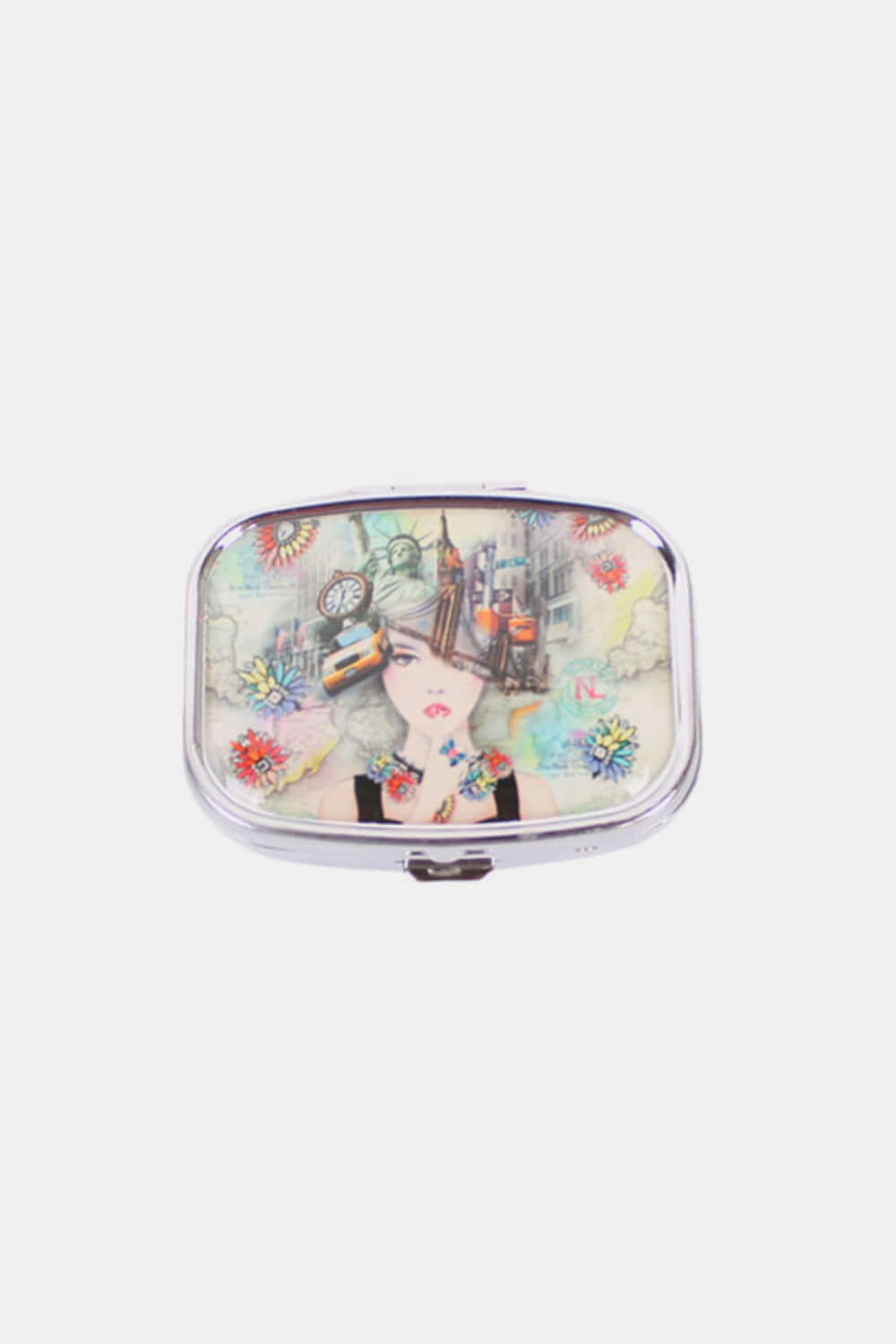 Nicole Lee USA Print Metallic Rectangular Pill Case with signature print on front, push lock closure, and compact design.