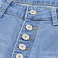 Close-up of Bella Road Button-Fly Distressed Raw Hem Flare Jeans waist and button-fly detailing.