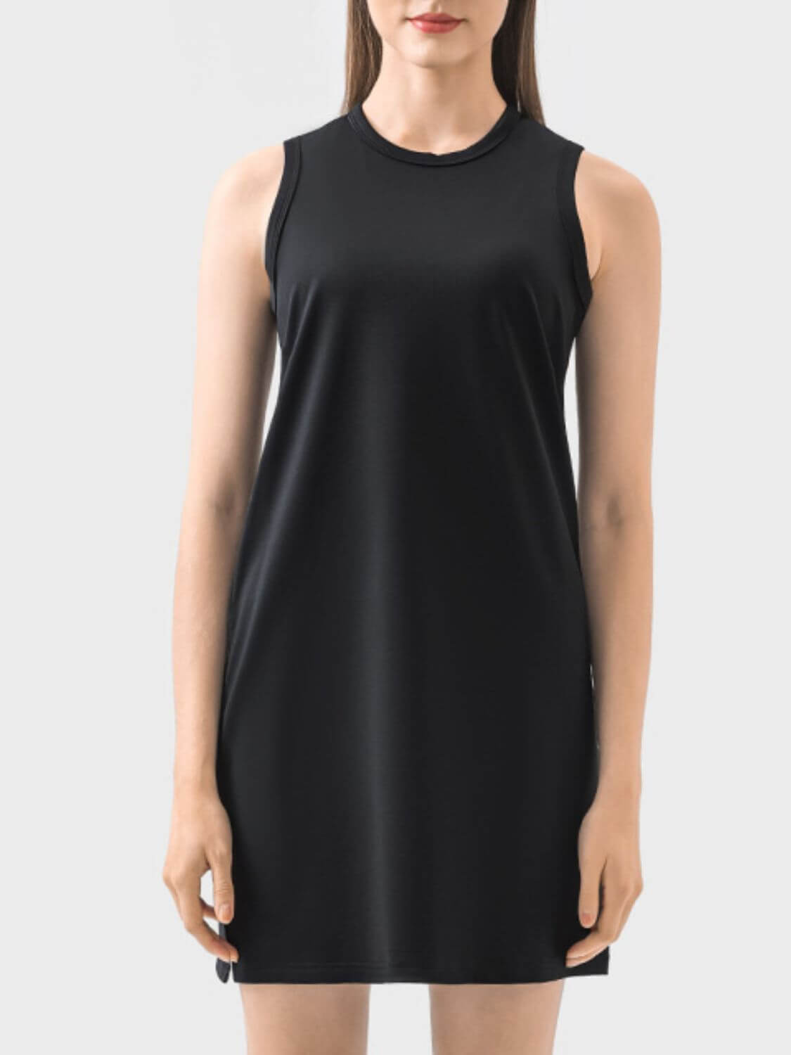 Sleek Millennia Round Neck Sleeveless Active Dress in black, perfect for workouts and staying stylish on the go.