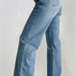 Petite straight jeans with pockets, buttoned design, blue denim, no stretch, rear view, styled with white heels