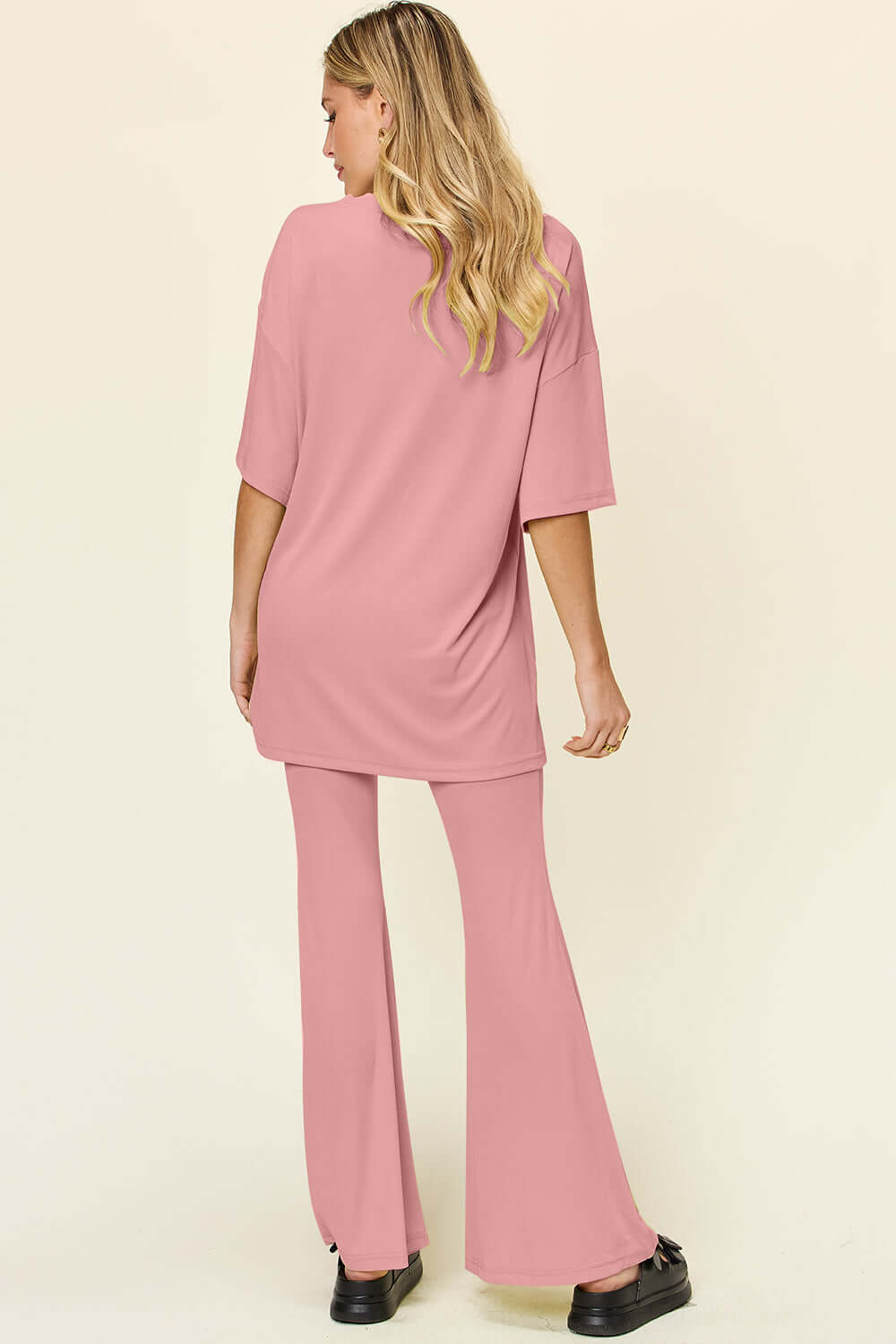 DOUBLE TAKE Full Size Round Neck Drop Shoulder T-Shirt and Flare Pants Set at Bella Road