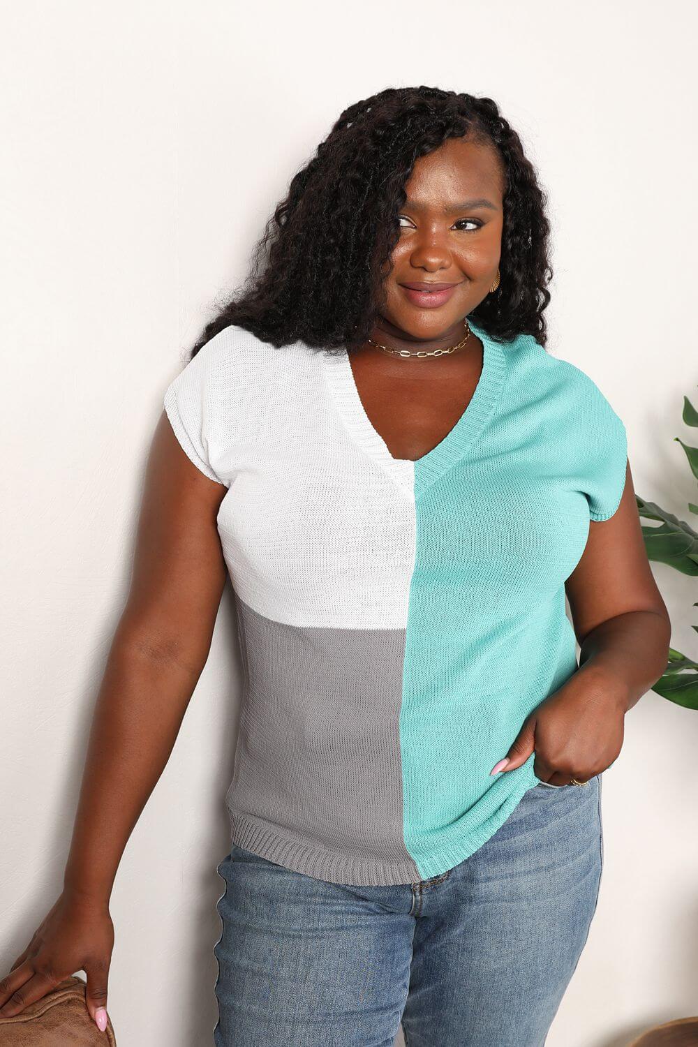 DOUBLE TAKE Color Block V-Neck Knit Top at Bella Road