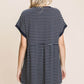 Back view of Striped Button Front Baby Doll Top with short sleeves, fitted bodice, and flared hem in classic navy and white stripes.