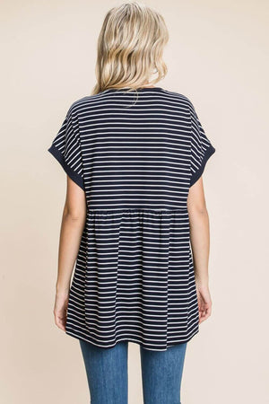 Back view of Striped Button Front Baby Doll Top with short sleeves, fitted bodice, and flared hem in classic navy and white stripes.