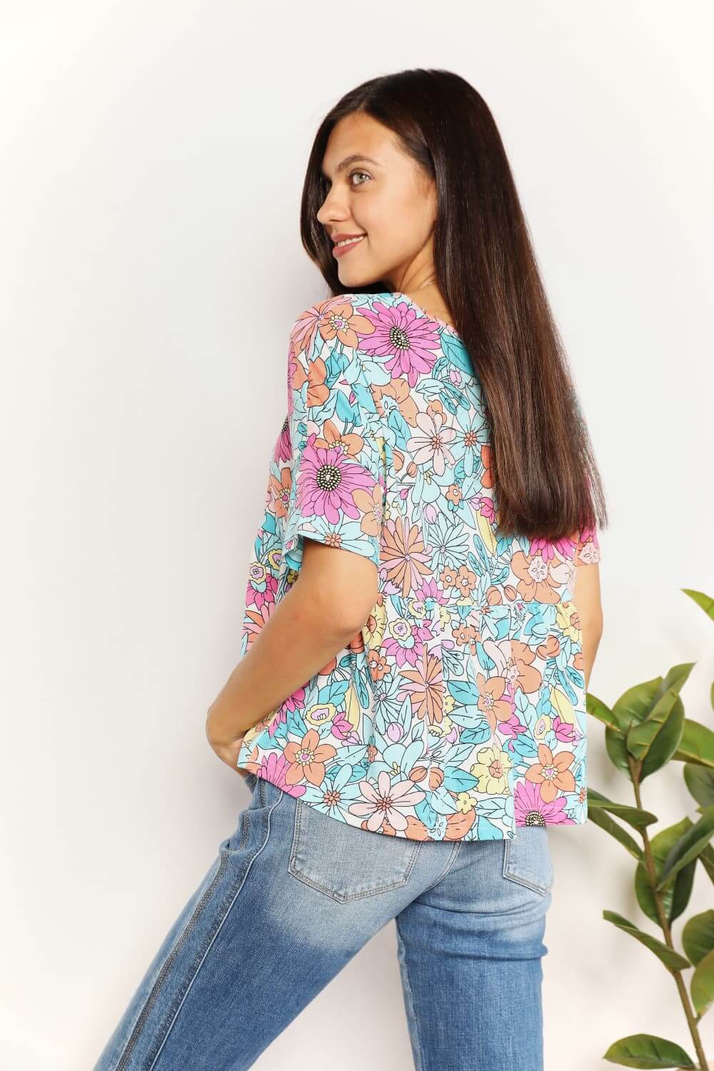 DOUBLE TAKE Floral Round Neck Babydoll Top at Bella Road