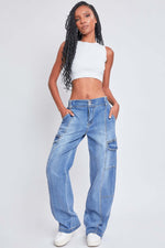 Woman modeling YMI Jeans high-rise straight cargo jeans with comfy stretch denim, elastic waistband, front seams, and side flap cargo pockets.