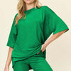 Texture Round Neck Drop Shoulder T-Shirt and Shorts Set | Full Size - Mid Green