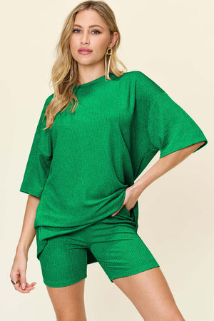 DOUBLE TAKE Full Size Texture Round Neck Drop Shoulder T-Shirt and Shorts Set at Bella Road