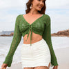 Drawstring Openwork Long Sleeve Cover-Up - Mid Green