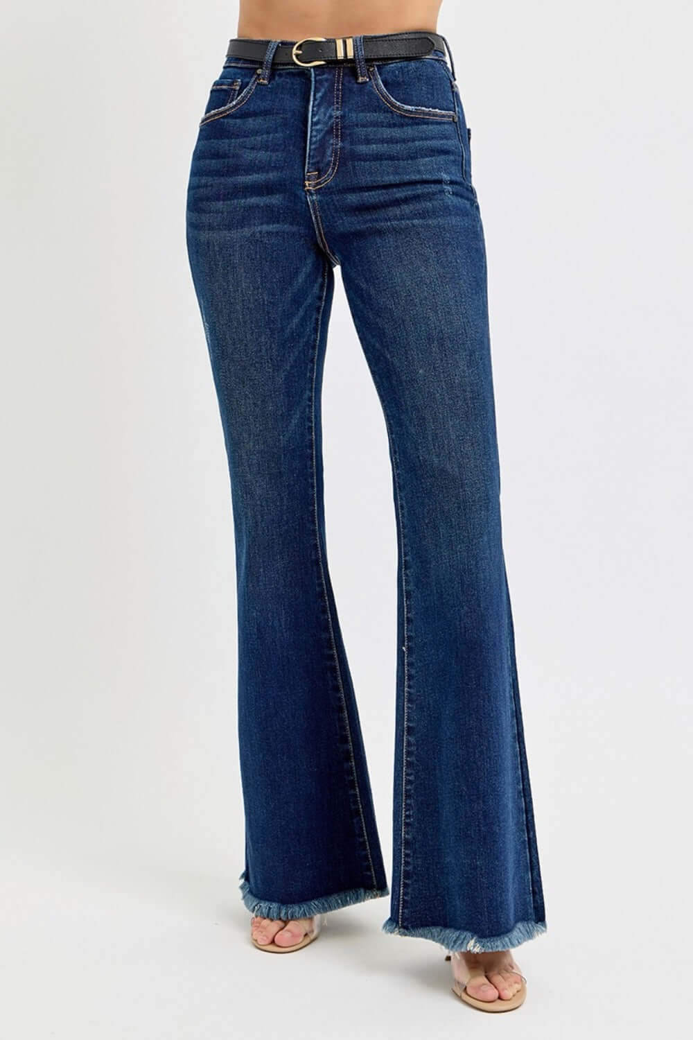 High Rise Tummy Control Flare Frayed Hem Jeans with Belt - Chic Retro-Inspired Look and Enhanced Fit