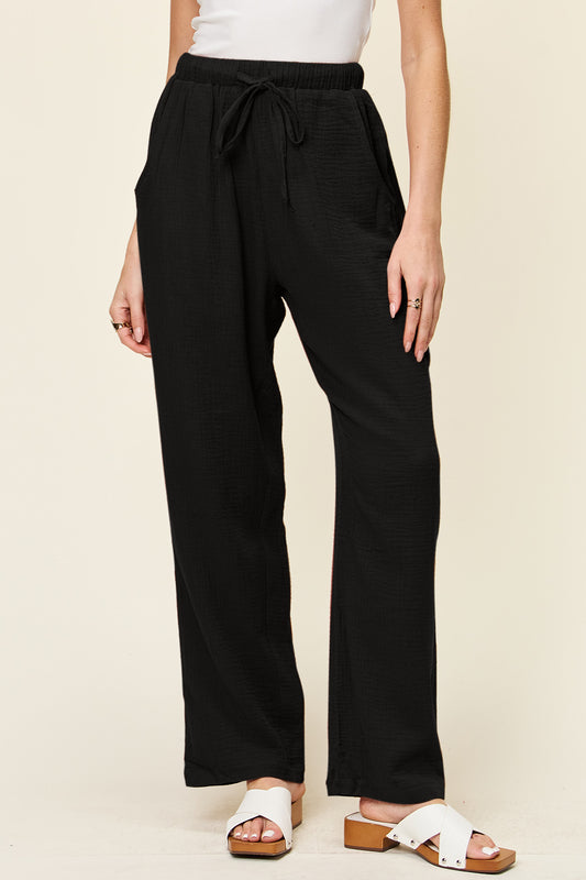 DOUBLE TAKE Full Size Texture Drawstring Straight Pants at Bella Road