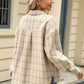 Woman wearing Bella Road Plaid Collared Neck Long Sleeve Jacket, showcasing back details of beige plaid pattern and relaxed fit.